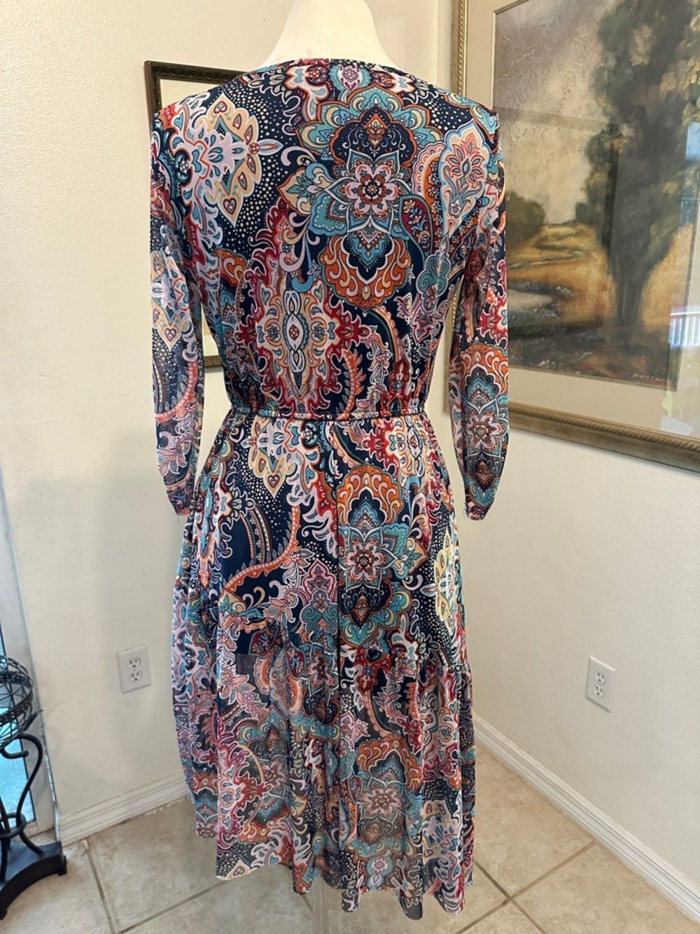 Harlow & Rose Navy Multicolor Geometric Asymmetrical Hem Dress Size Medium - Picture 13 of 15